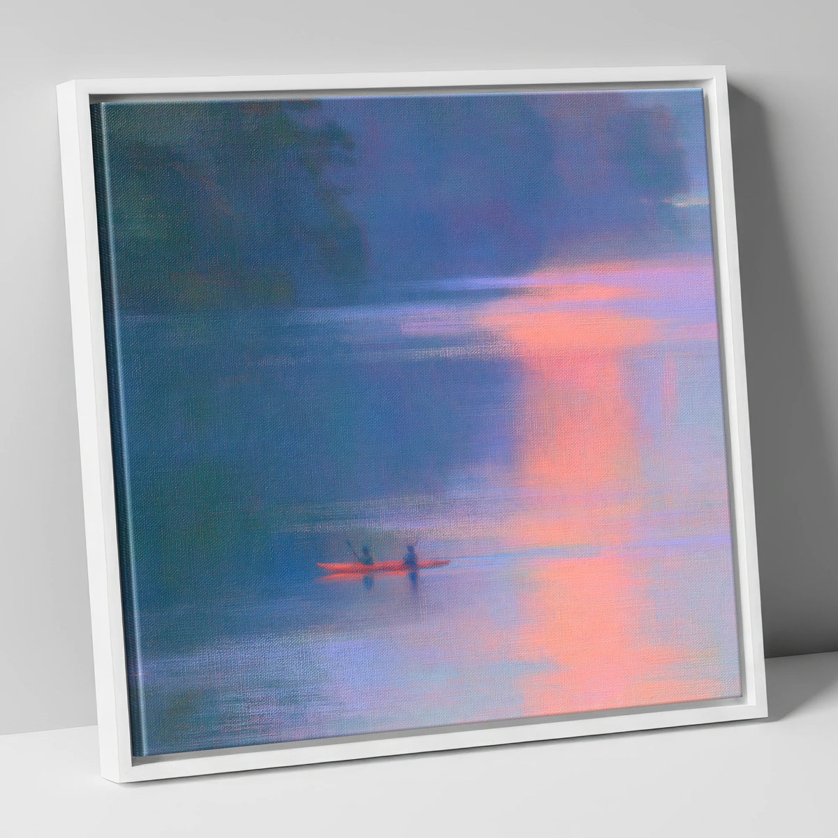 Lake Kayaking in Pink Evening Light lake district walking canvas wall art in white frame