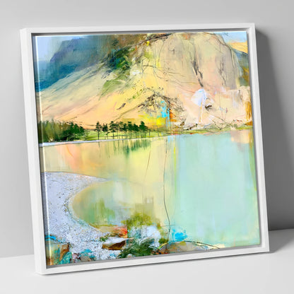 Curving Pebble Shore at Buttermere lake district lake canvas wall art in white frame