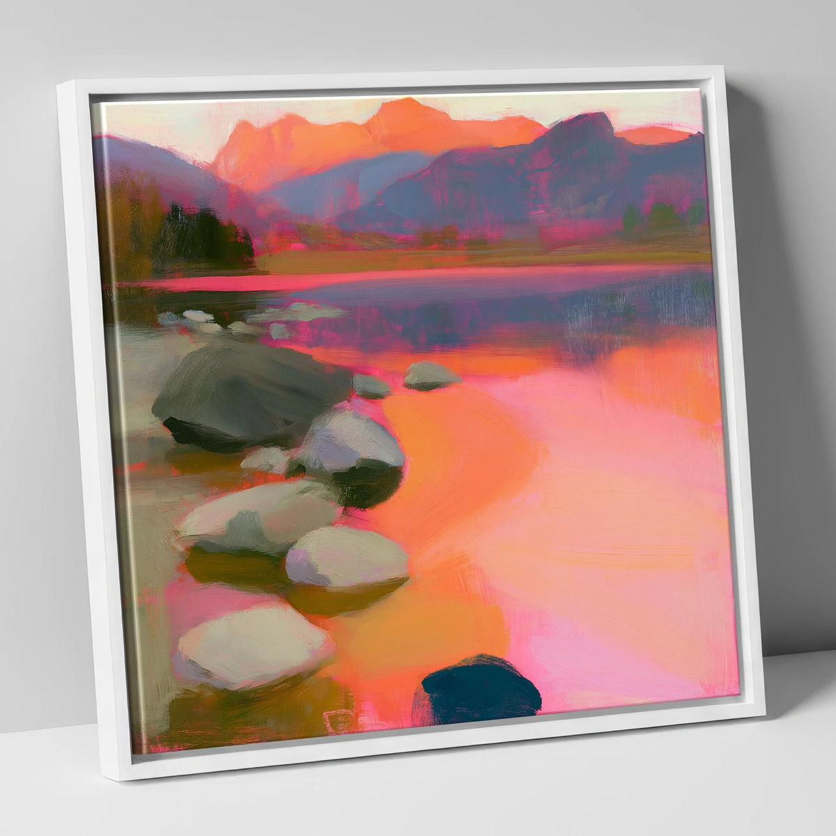 Elterwater Rocks in Fiery Light lake district lake canvas wall art in white frame