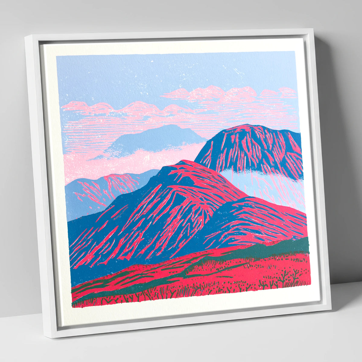 Vibrant Red Misty Mountain Ridge lake district fell canvas wall art in white frame