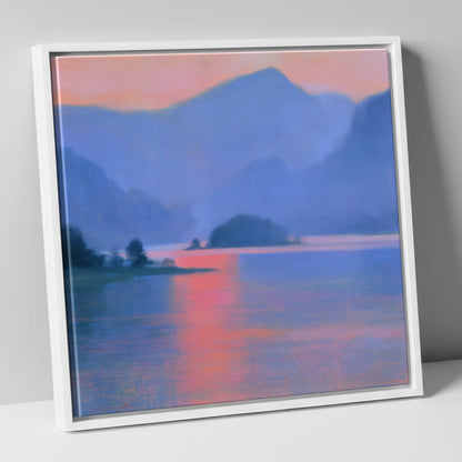 Derwentwater and Catbells in Pink Light lake district lake canvas wall art in white frame