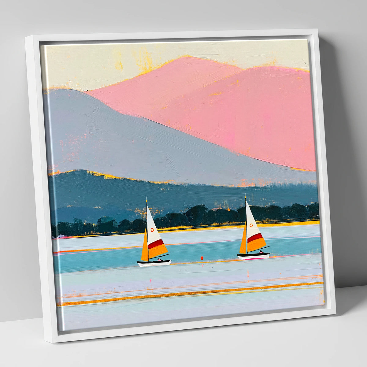 Windermere Sailboats and Pink Fells lake district lake canvas wall art in white frame