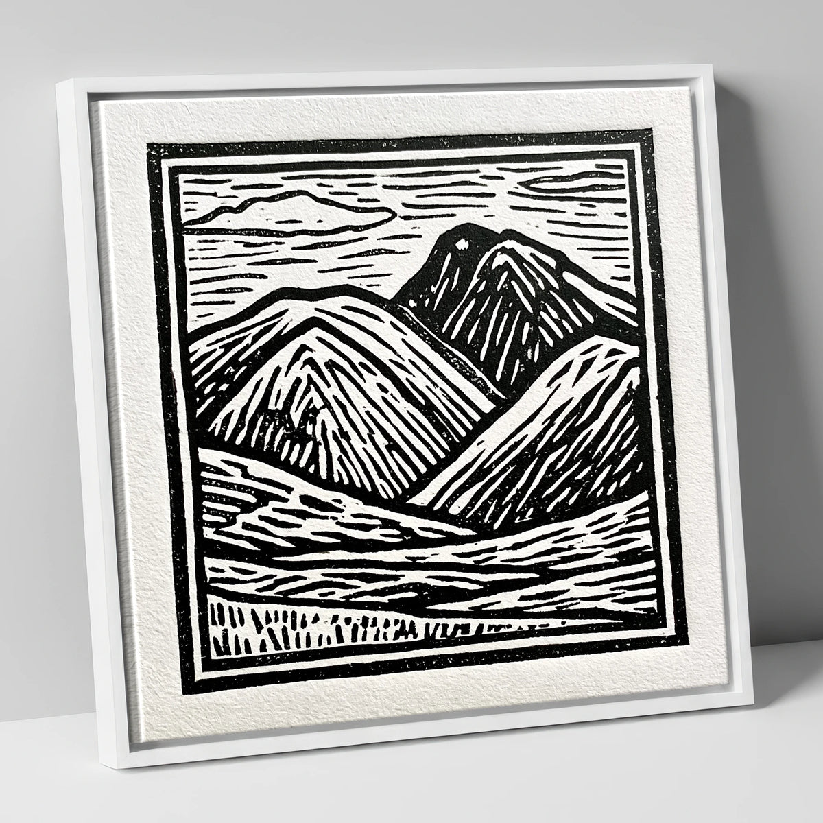 Bowfell in Stark Black and White lake district fell canvas wall art in white frame