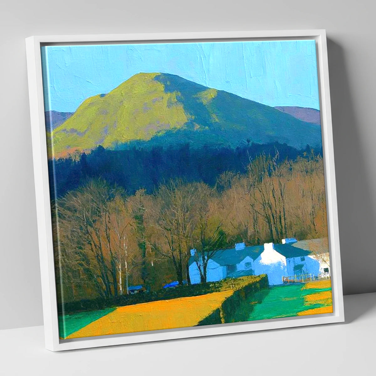 Luminous Latrigg Above White Buildings lake district fell canvas wall art in white frame