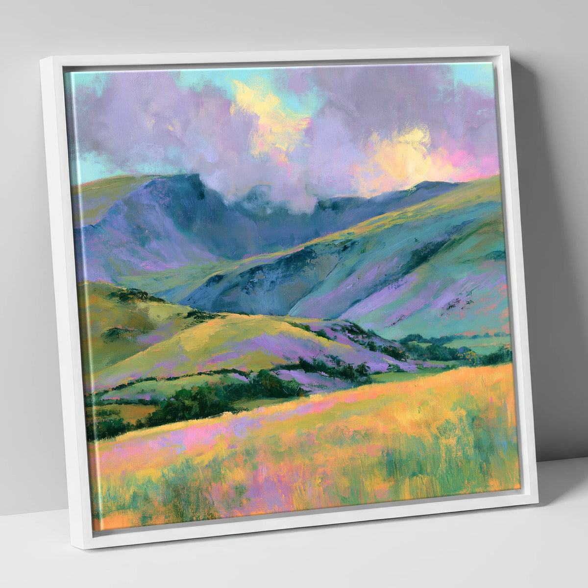 Lavender and Gold Rolling Fells lake district fell canvas wall art in white frame