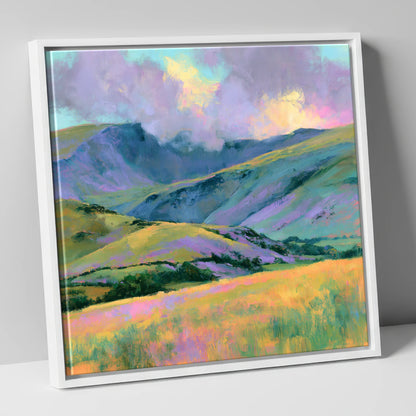 Lavender and Gold Rolling Fells lake district fell canvas wall art in white frame