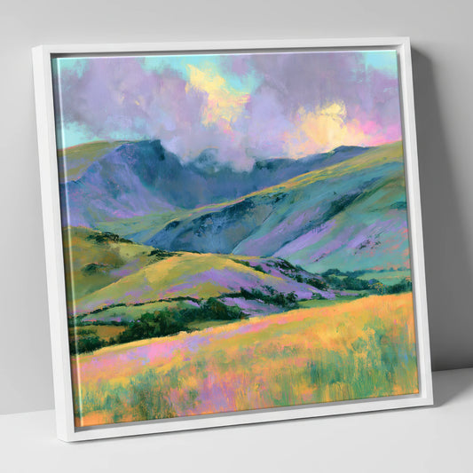 Lavender and Gold Rolling Fells lake district fell canvas wall art in white frame