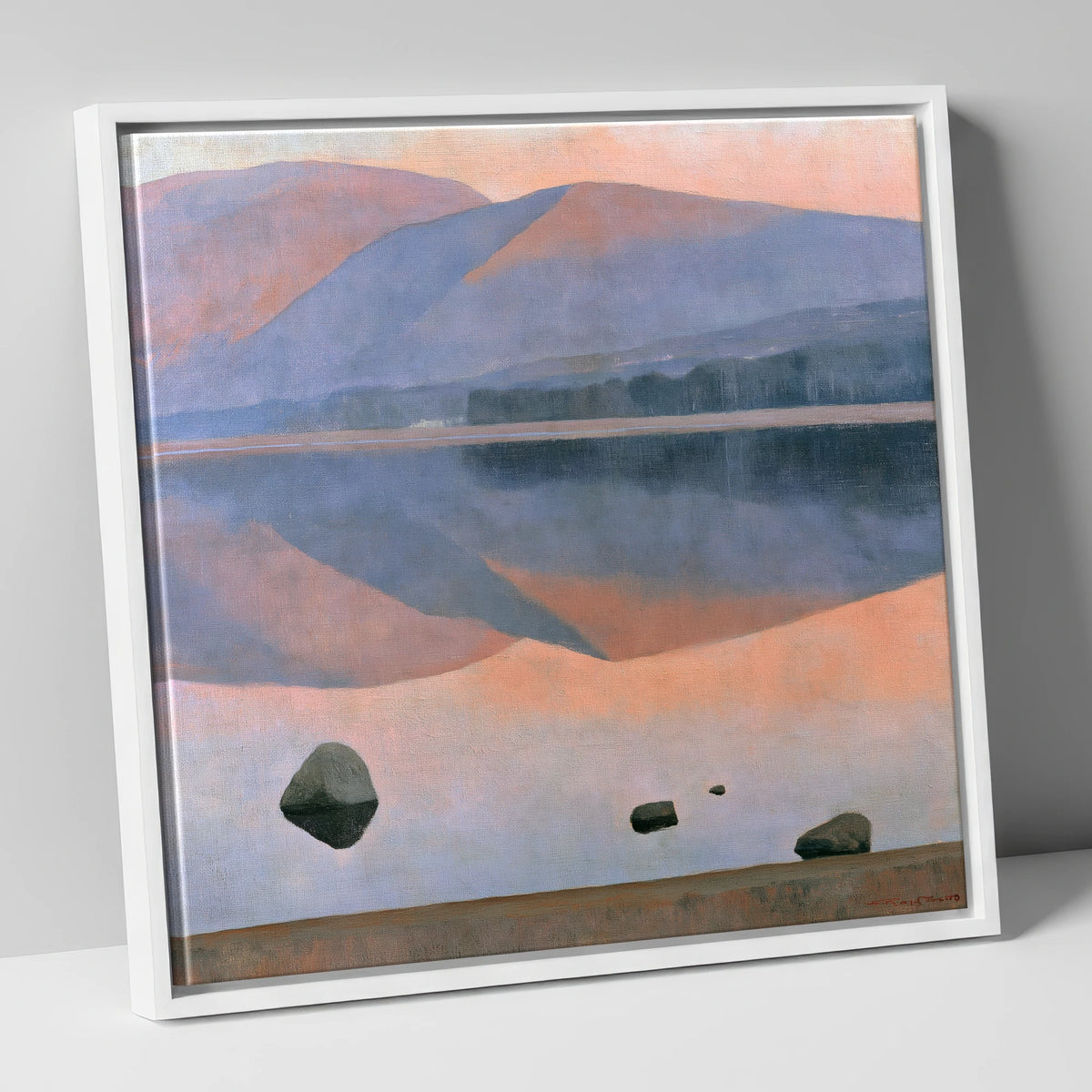 Dusk Fells Reflected on Calm Water lake district lake canvas wall art in white frame