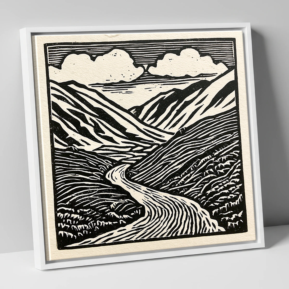 Monochrome Kirkstone Pass lake district valley canvas wall art in white frame