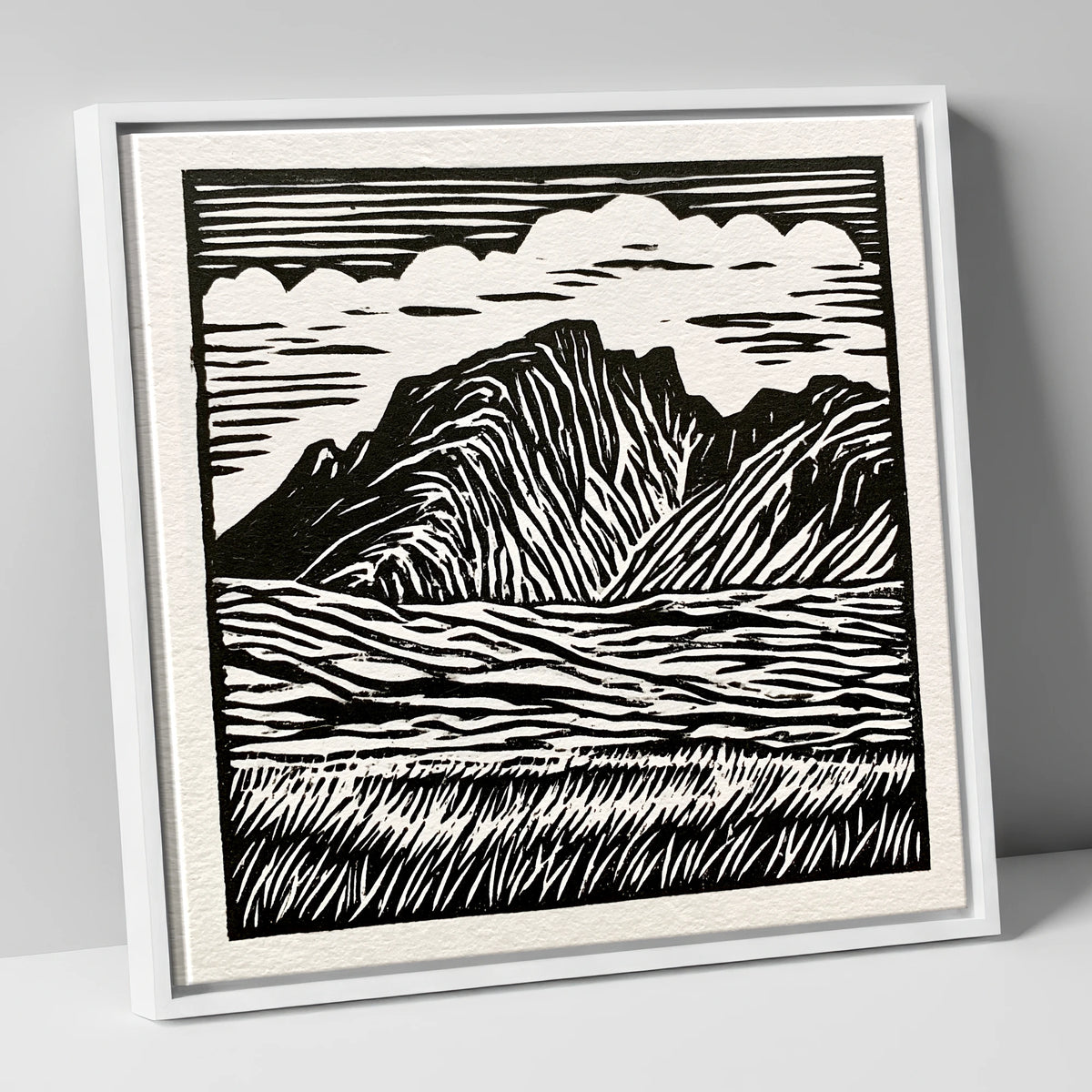 Scafell Pike in Bold Monochrome lake district fell canvas wall art in white frame