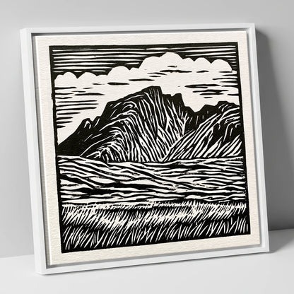 Scafell Pike in Bold Monochrome lake district fell canvas wall art in white frame