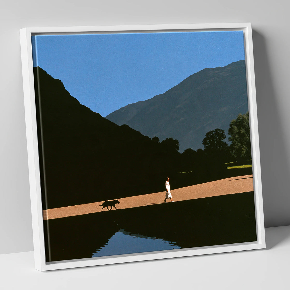 Patterdale Dog Walk Silhouette gifts for dog walkers canvas wall art in white frame