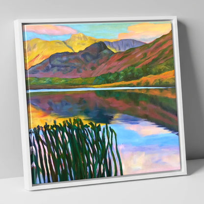 Vibrant Sunset Over Elterwater lake district lake canvas wall art in white frame