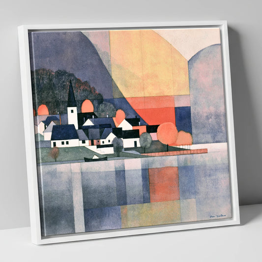 Modern Terracotta Lakeside Village lake district village canvas wall art in white frame