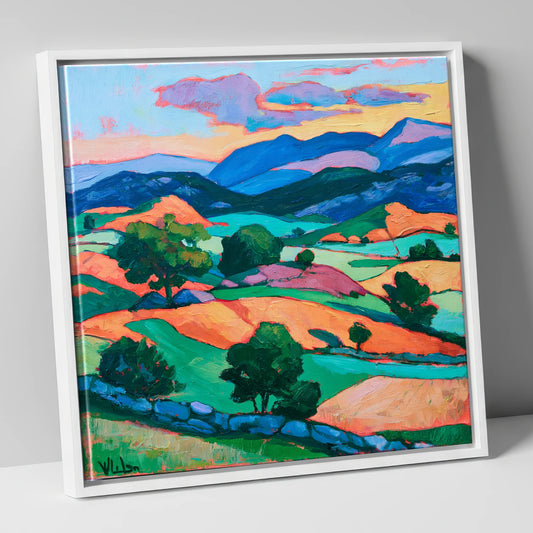 Golden Evening Light Across the Fells lake district sky canvas wall art in white frame