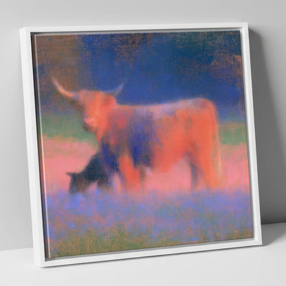 Highland Cattle in Twilight Haze lake district wildlife canvas wall art in white frame