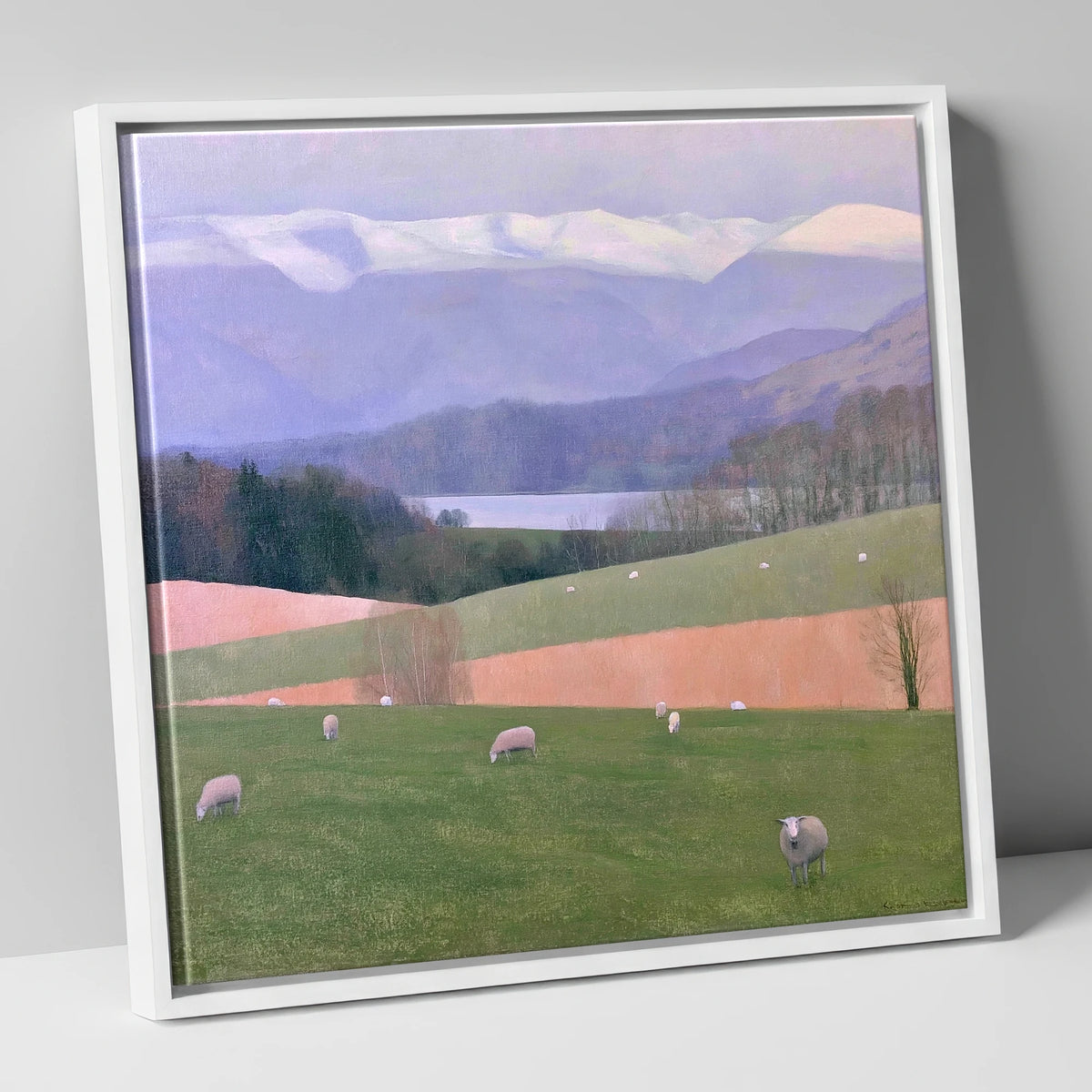 Hawkshead Pastures and Snowy Fells lake district village canvas wall art in white frame