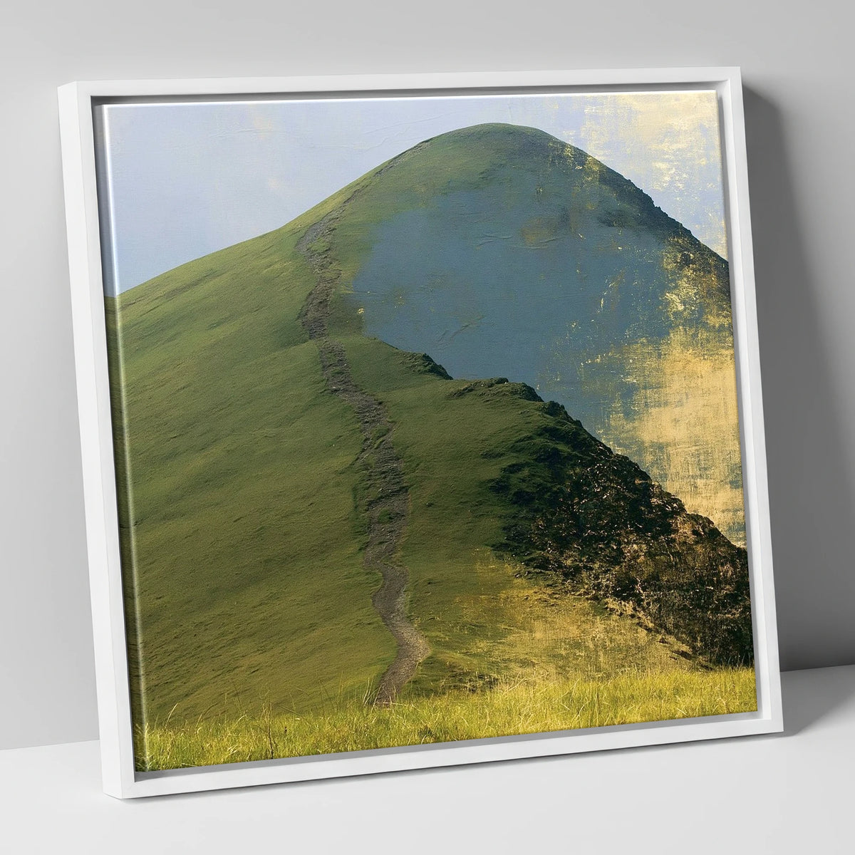 Cat Bells in Burnished Gold lake district fell canvas wall art in white frame