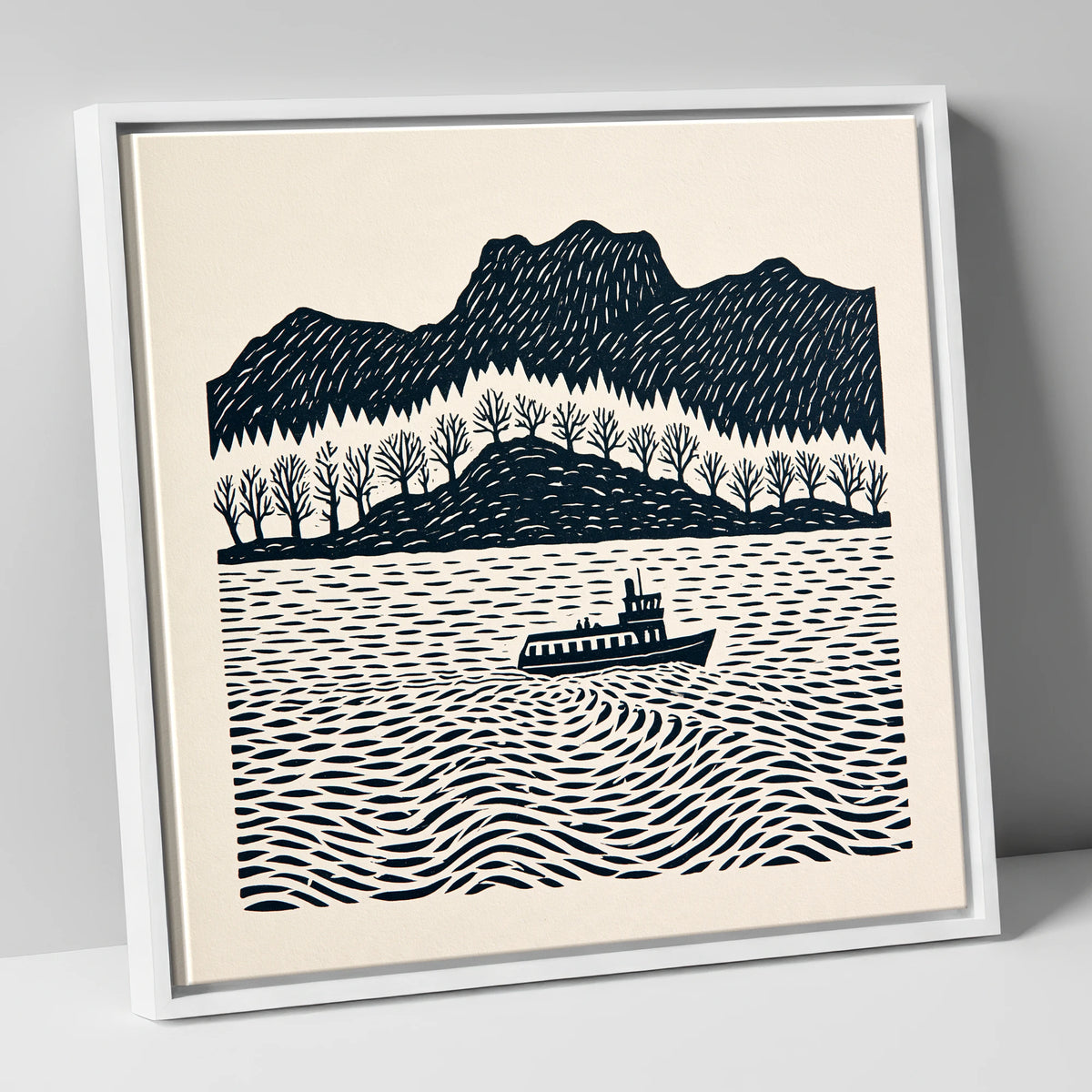 Windermere Steamer on Rhythmic Waters lake district lake canvas wall art in white frame