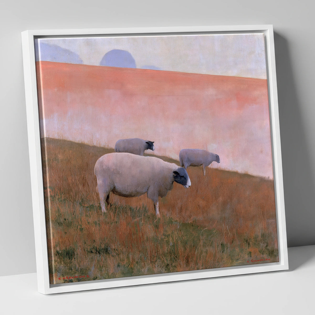 Herdwick Sheep on Pastel Fellside lake district wildlife canvas wall art in white frame