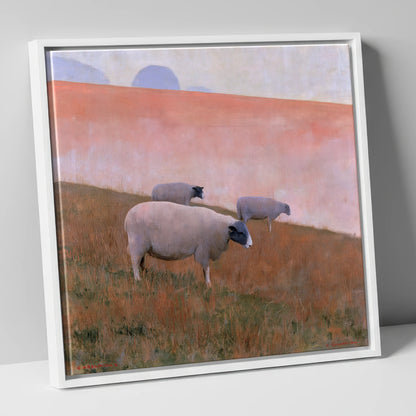 Herdwick Sheep on Pastel Fellside lake district wildlife canvas wall art in white frame