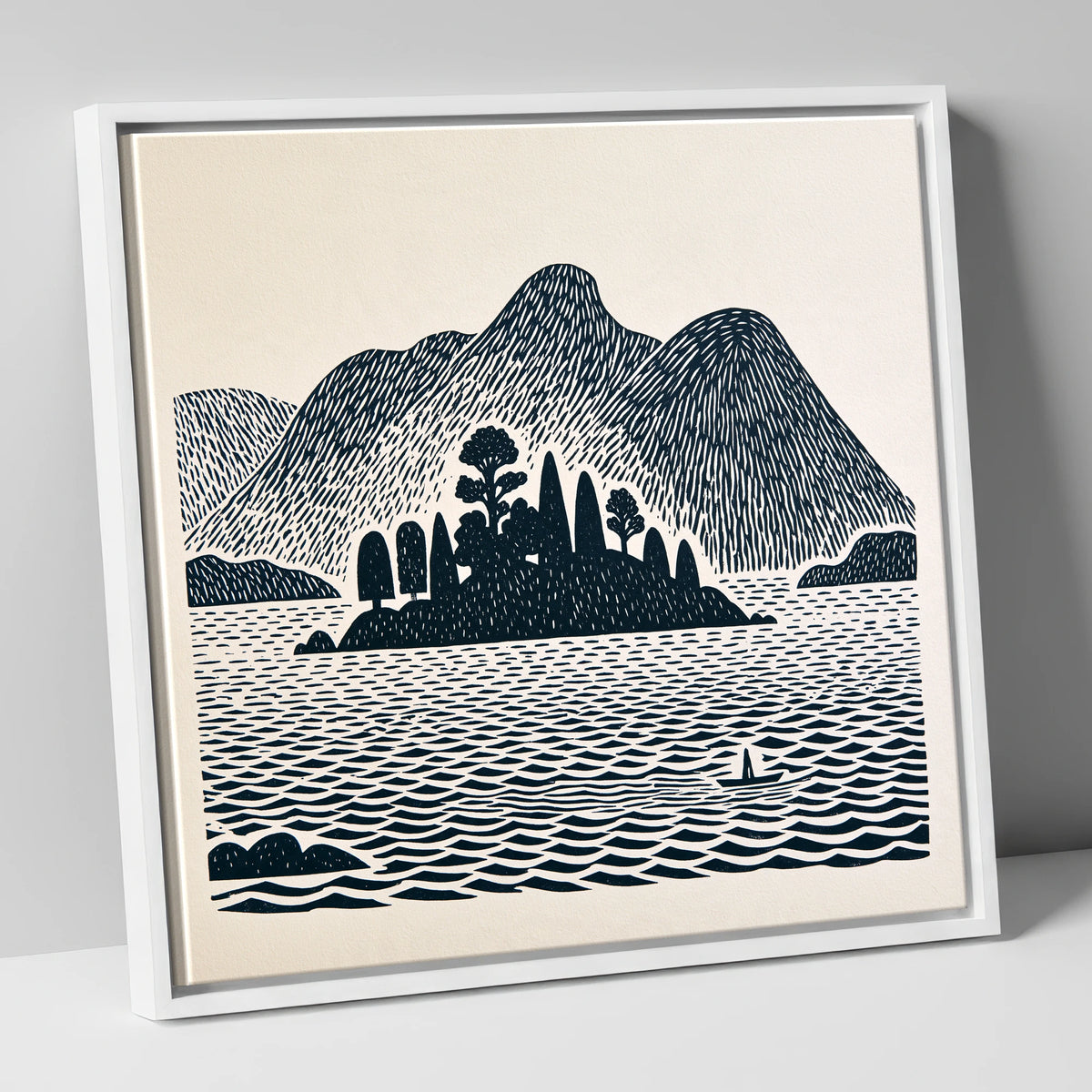 Derwentwater Island in Deep Navy lake district lake canvas wall art in white frame