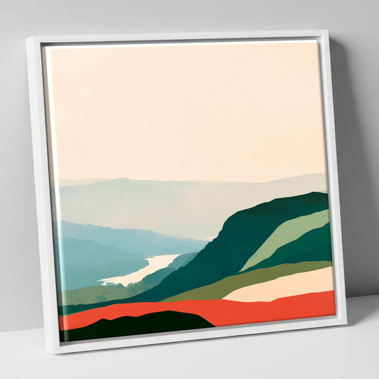 Abstract River Valley Morning Mist lake district sky canvas wall art in white frame