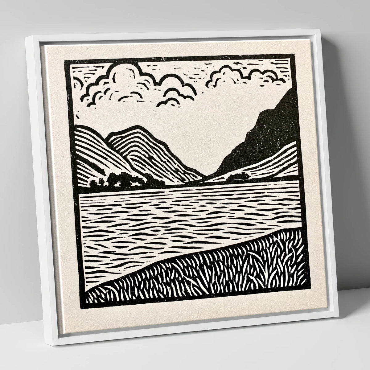 Ullswater in Monochrome lake district lake canvas wall art in white frame
