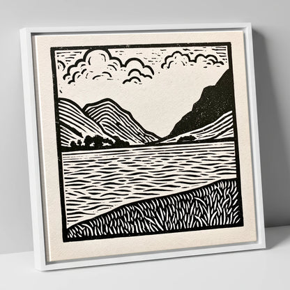 Ullswater in Monochrome lake district lake canvas wall art in white frame