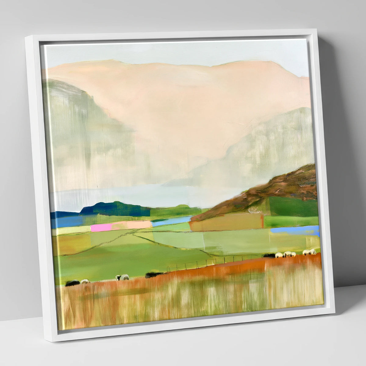 Abstract Fells And Valley Pastures lake district fell canvas wall art in white frame