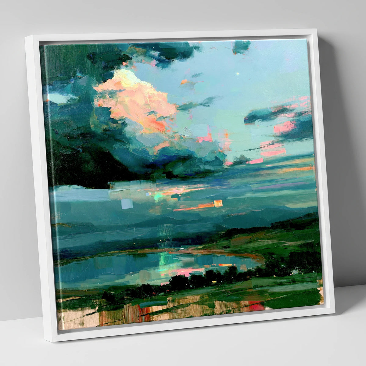 Vivid Sunrise Sky Over Lake lake district sky canvas wall art in white frame
