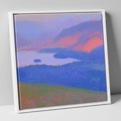 Keswick And Derwentwater At Twilight lake district village canvas wall art in white frame