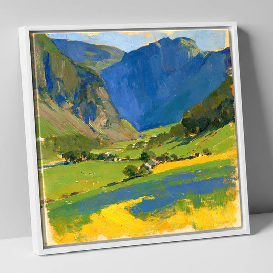 Sunlit Valley and Blue Fells lake district valley canvas wall art in white frame