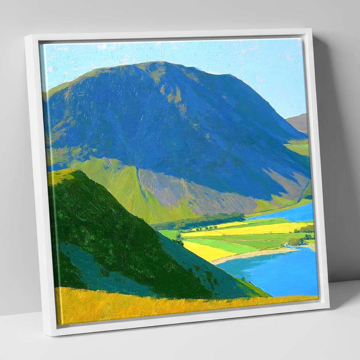 Grasmoor Over Sunlit Valley Fields lake district fell canvas wall art in white frame