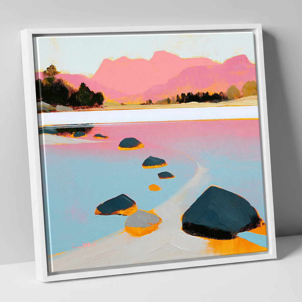 Elterwater Rocks and Pink Fells lake district lake canvas wall art in white frame