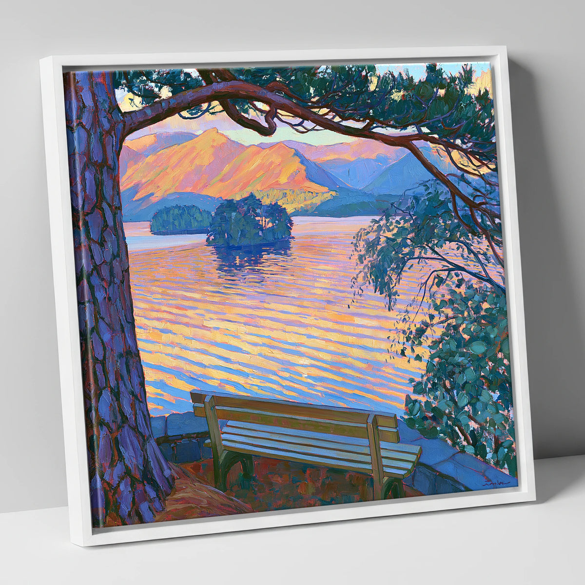 Vibrant Derwentwater From Friar's Crag lake district village canvas wall art in white frame