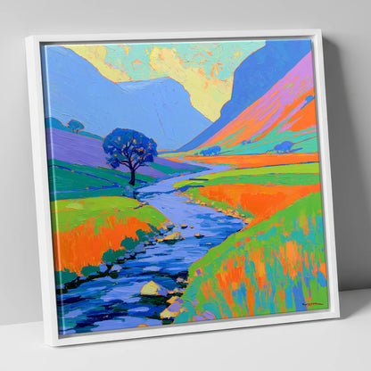 Vivid River In The Valley lake district waterfall canvas wall art in white frame