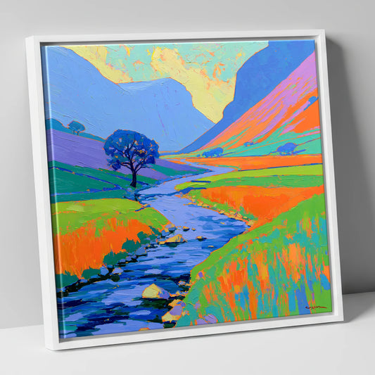 Vivid River In The Valley lake district waterfall canvas wall art in white frame