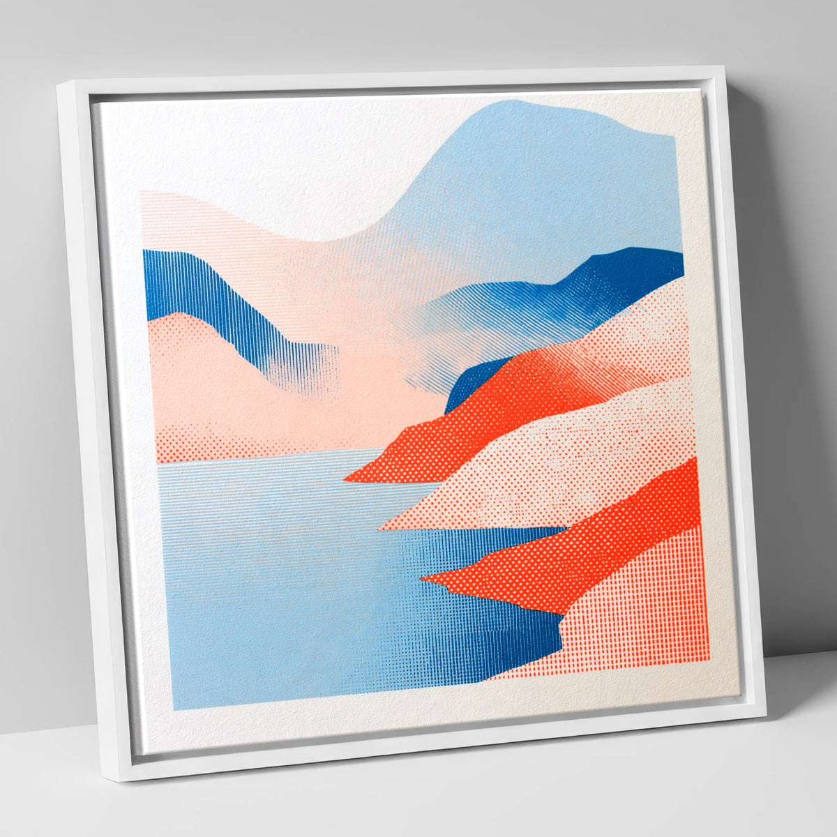 Graphic Buttermere in Coral and Blue lake district lake canvas wall art in white frame