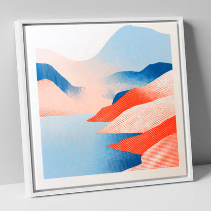 Graphic Buttermere in Coral and Blue lake district lake canvas wall art in white frame