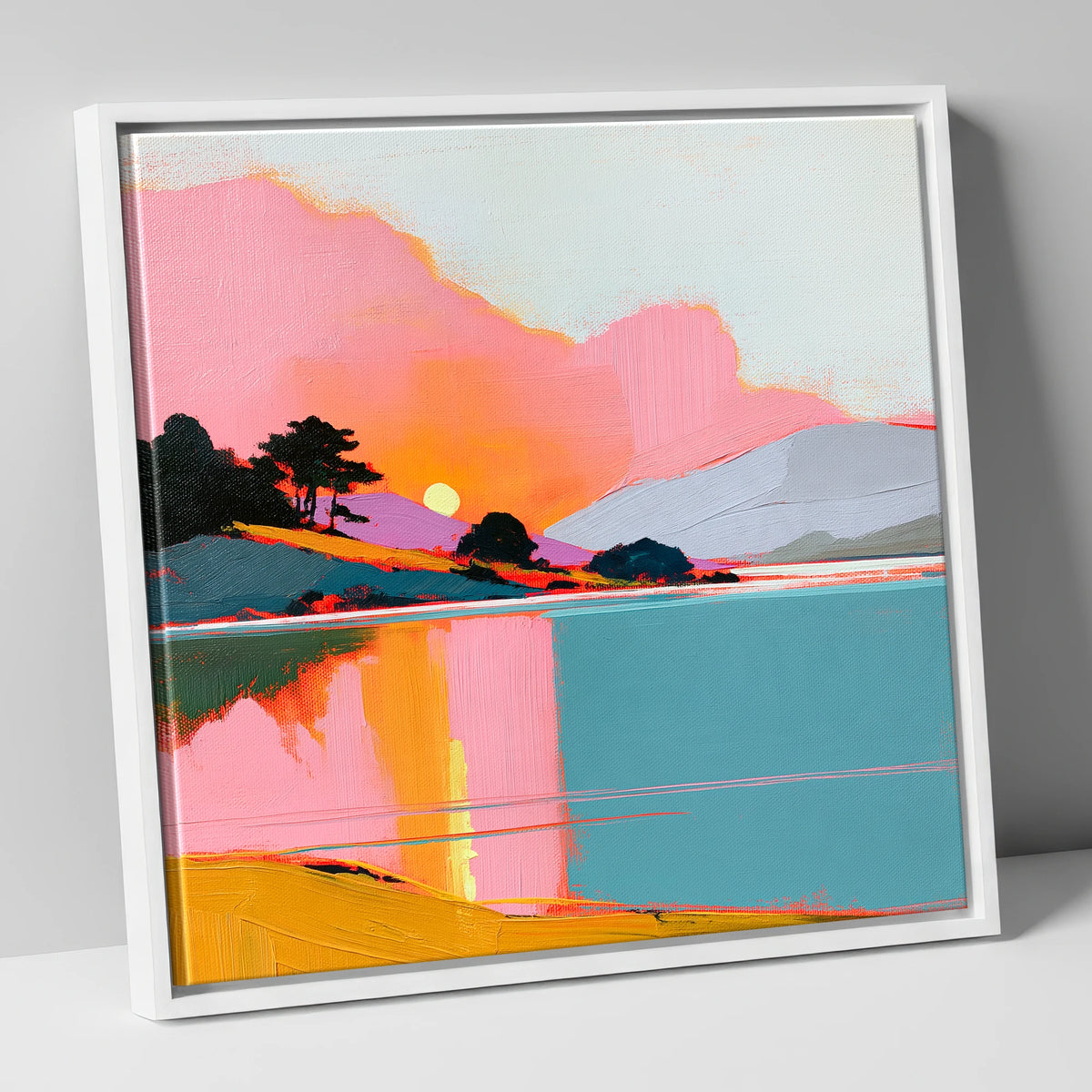 Pink Sunset Over Lake Water lake district lake canvas wall art in white frame