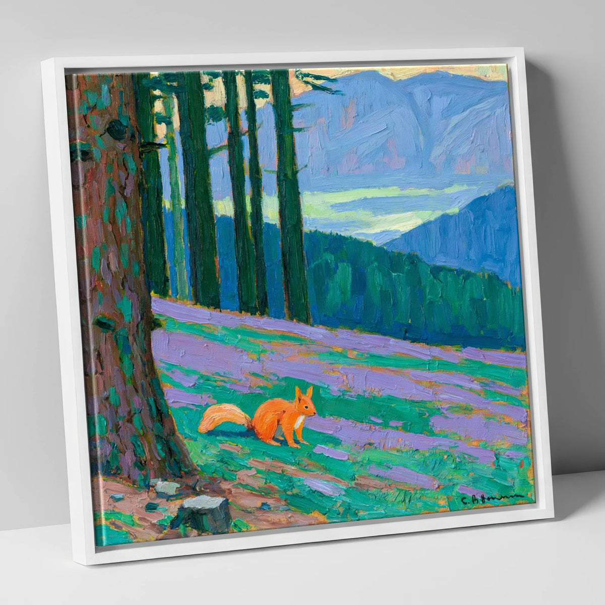 Red Squirrel Beneath Blue Fells lake district wildlife canvas wall art in white frame