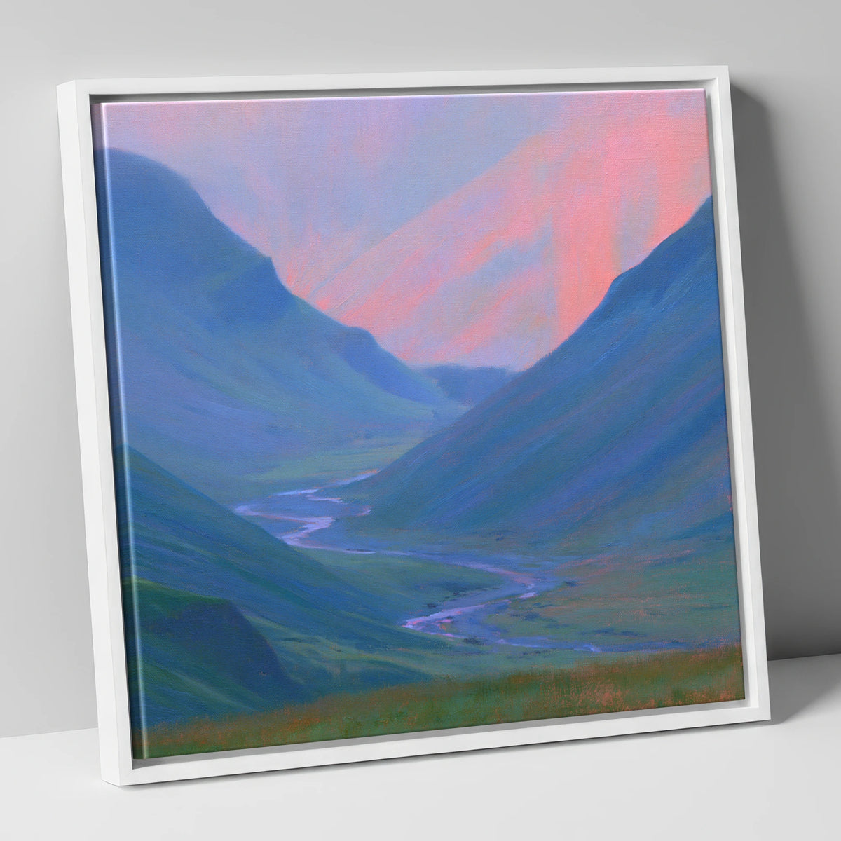 River Valley in Pink Twilight lake district waterfall canvas wall art in white frame