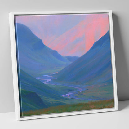 River Valley in Pink Twilight lake district waterfall canvas wall art in white frame