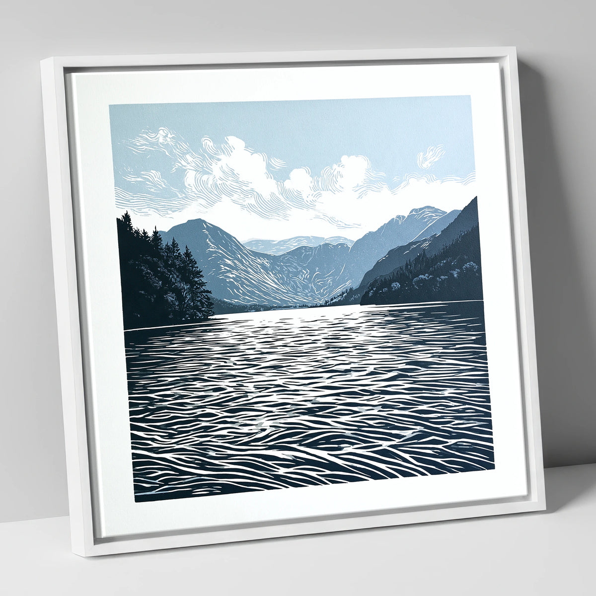 Crummock Water in Deep Navy lake district lake canvas wall art in white frame
