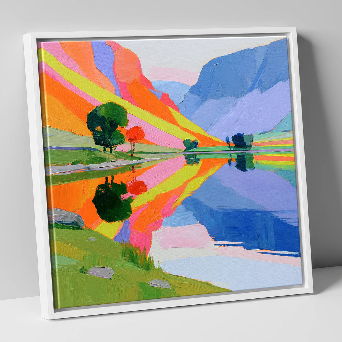 Bright Fells Reflected in Calm Lake lake district lake canvas wall art in white frame
