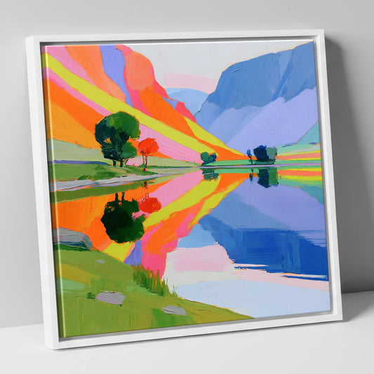 Bright Fells Reflected in Calm Lake lake district lake canvas wall art in white frame