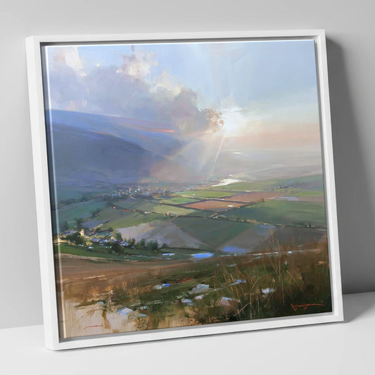 Sunburst Over a Lakeland Dale lake district valley canvas wall art in white frame