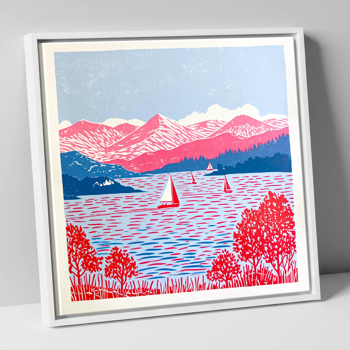 Pink Fells Over Coniston Water lake district lake canvas wall art in white frame