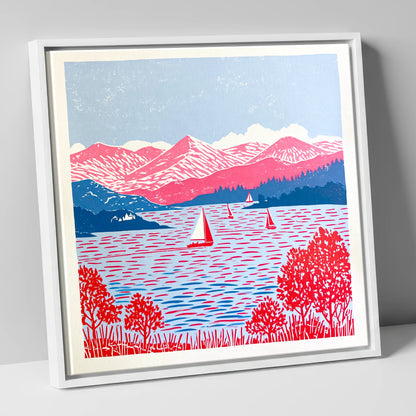 Pink Fells Over Coniston Water lake district lake canvas wall art in white frame